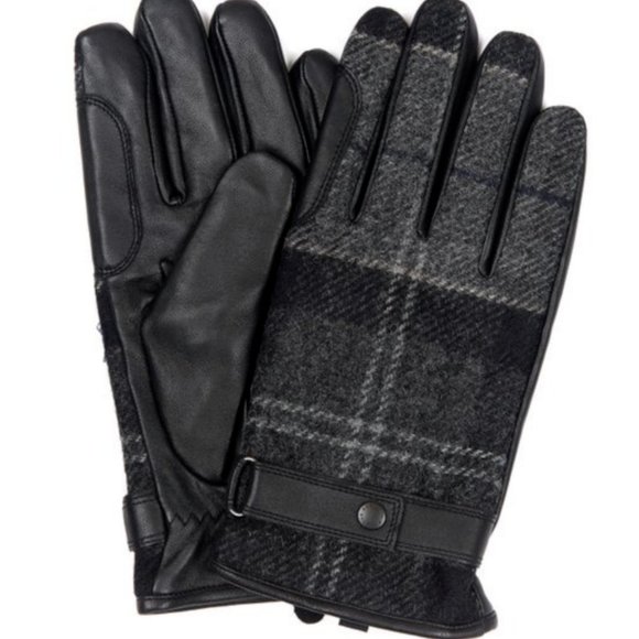 Barbour Men's NEWBROUGH TARTAN Leather Gloves MSRP$100 Bla/Grey Woven In England